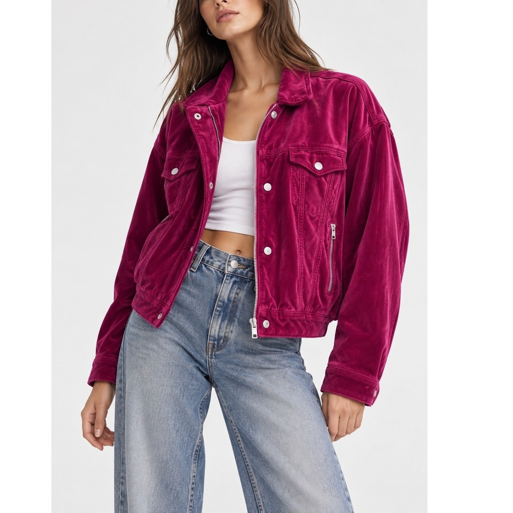 Free People Velvet Trucker Jacket Women's XS/S Fuchsia Pink Bold Statement